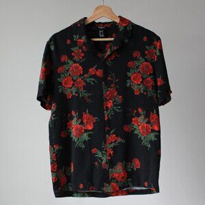 Forever 21 - Black & Red Rose Print Button-Up (Small)
